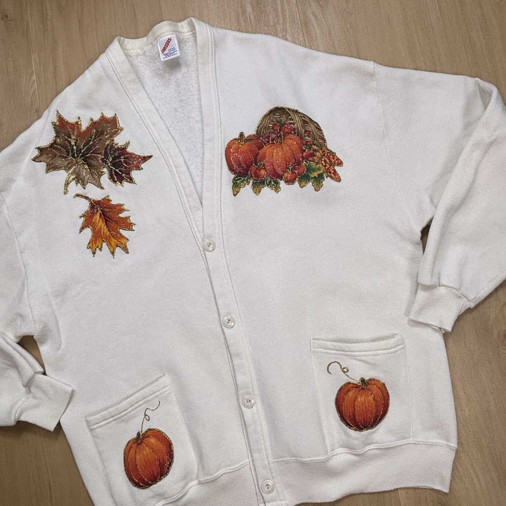VTG Women's Fall Harvest Button Up Sweatshirt Fabric Paint Pumpkins Teachercore